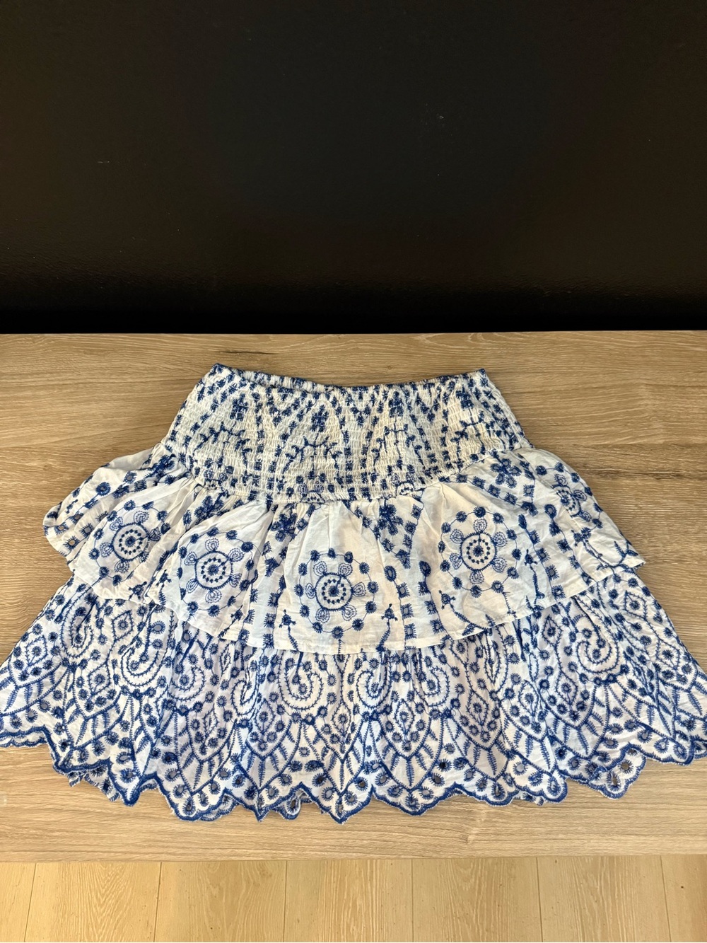 Blue and White Embroidered Ruffled Mini Skirt